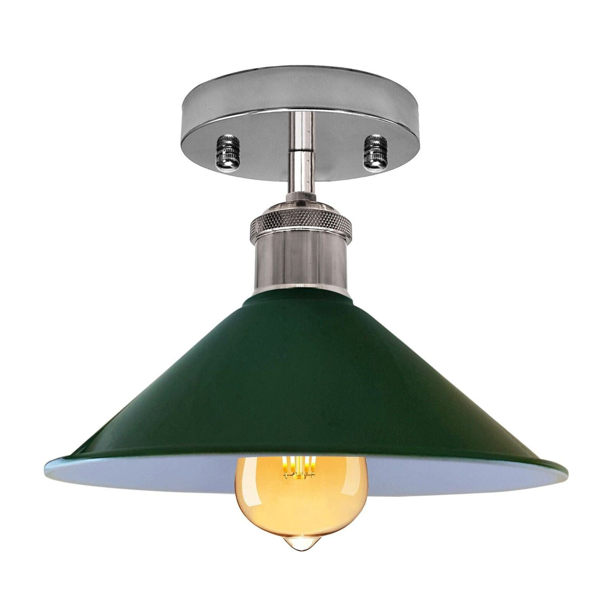 Semi-Flush Ceiling Light – E27, Flat Cone, Dome or Barn Shade - Chrome, Flat Cone 22 cm Green, Without Bulb