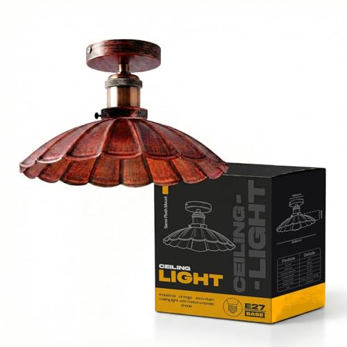 Semi-Flush Ceiling Light – E27, Flat Cone, Dome or Barn Shade - Copper, Lounge 22 cm Rustic Red, Without Bulb