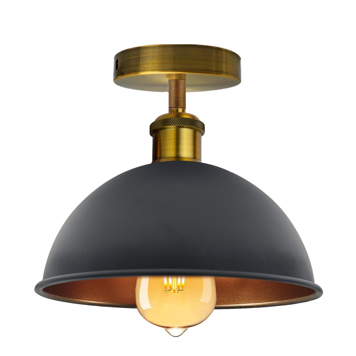 Semi-Flush Ceiling Light – E27, Flat Cone, Dome or Barn Shade - Yellow Brass, Dome 21 cm Black & Gold, Without Bulb