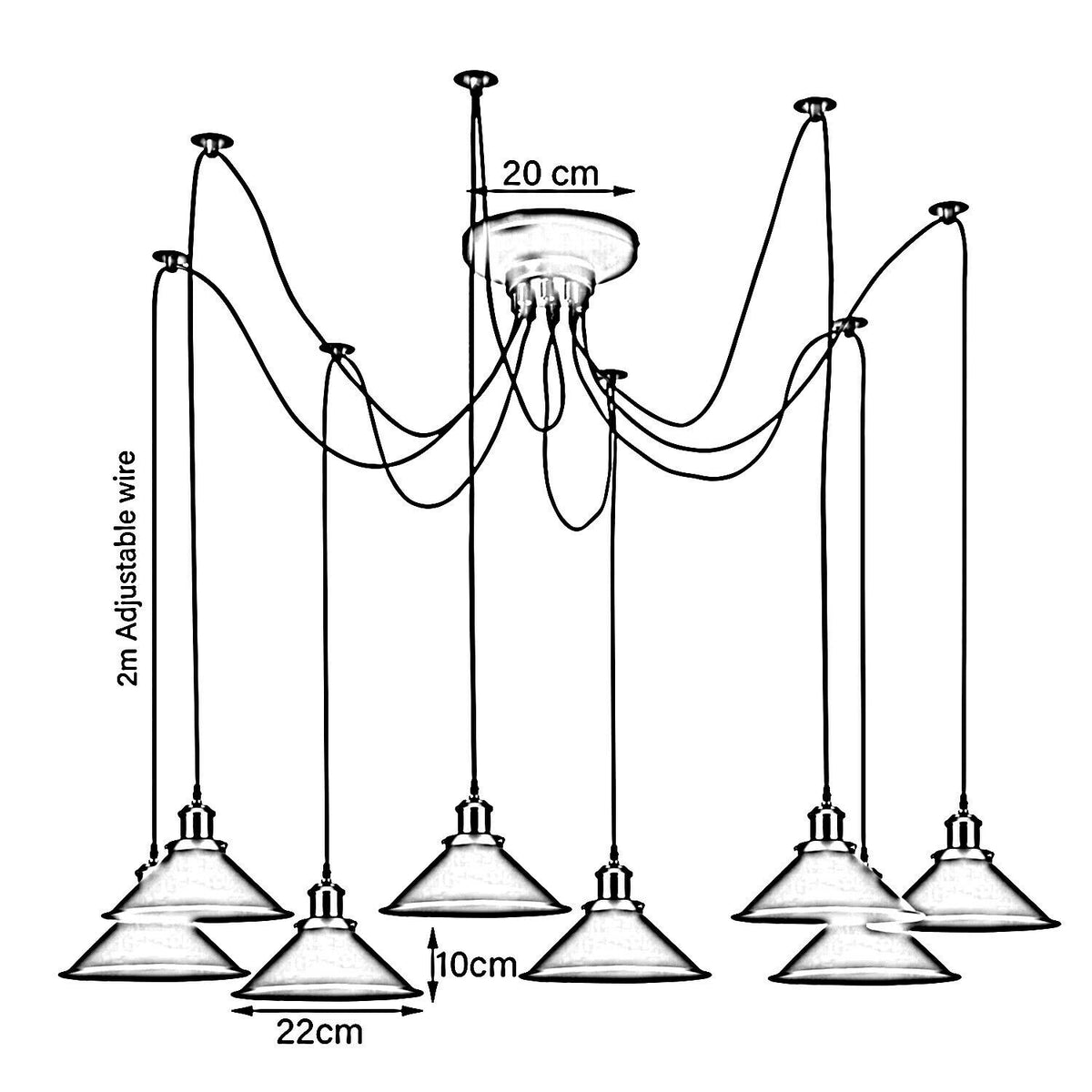 9 Light Spider Pendant – 2 m Swag Cables, Metal Cones, Brass Holders
