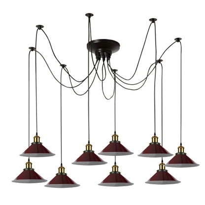 9 Light Spider Pendant – 2 m Swag Cables, Metal Cones, Brass Holders - Yellow Brass, Flat Cone 22 cm Burgundy, Without Bulb
