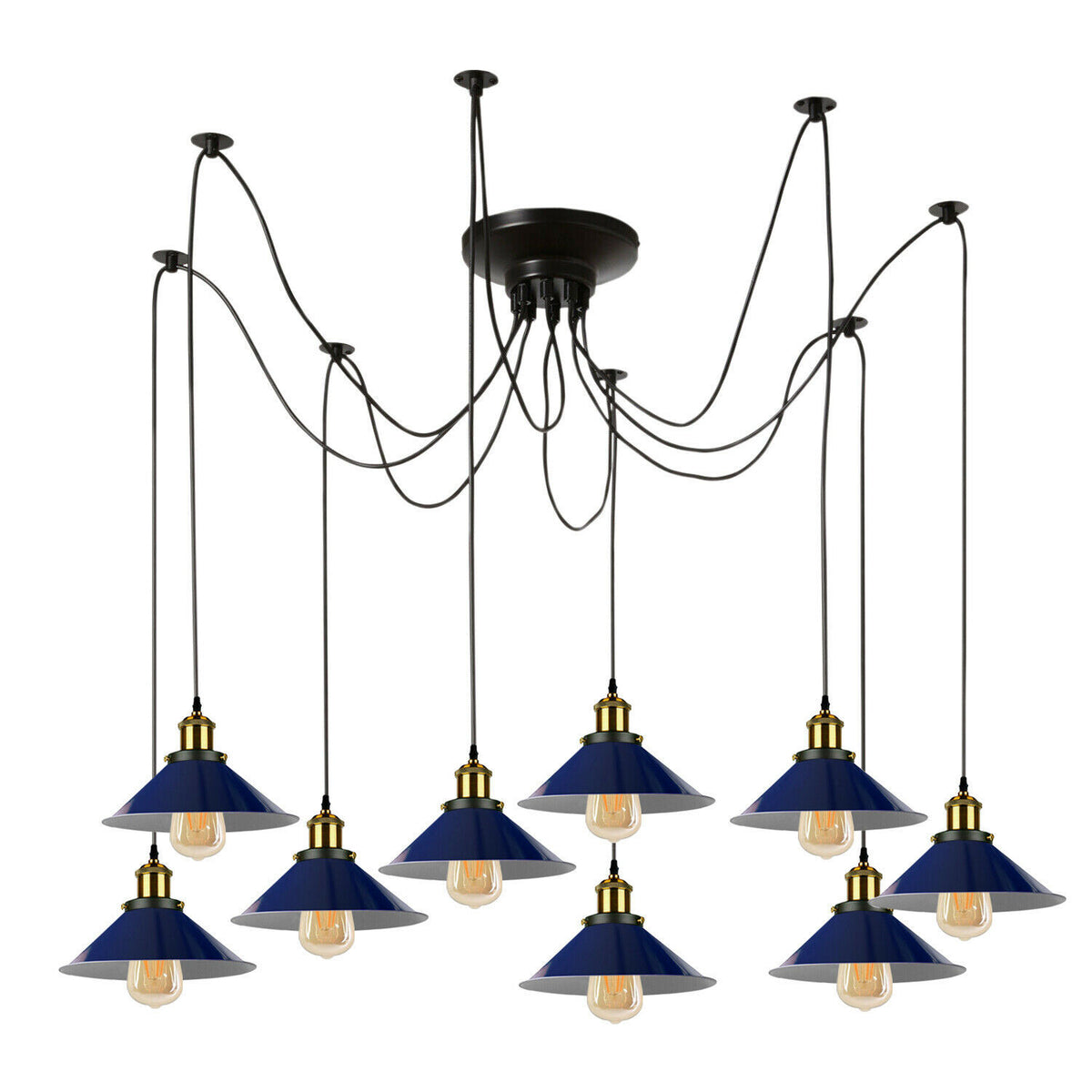 9 Light Spider Pendant – 2 m Swag Cables, Metal Cones, Brass Holders - Yellow Brass, Flat Cone 22 cm Navy Blue, Without Bulb