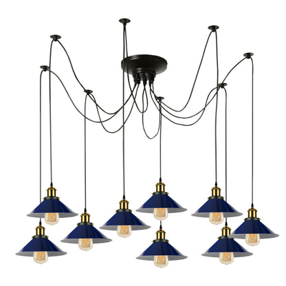 9 Light Spider Pendant – 2 m Swag Cables, Metal Cones, Brass Holders - Yellow Brass, Flat Cone 22 cm Navy Blue, Without Bulb