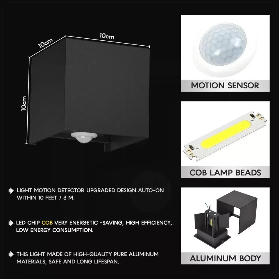 Square Up Down LED Wall Light with PIR Sensor 10W IP54 – Black, Warm White - photo 2