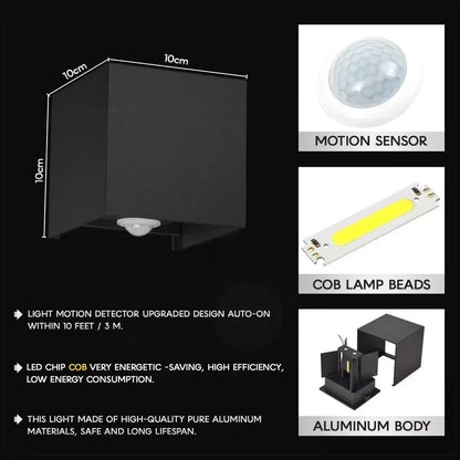 Square Up Down LED Wall Light with PIR Sensor 10W IP54 – Black, Warm White - photo 2