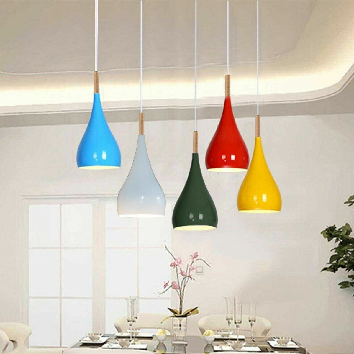 Teardrop Pendant Light – 16 cm Metal Shade, Wood Detail, 8 Colours - photo 11