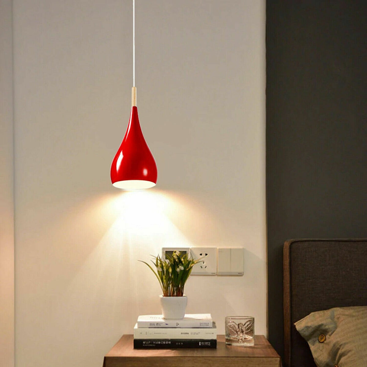 Teardrop Pendant Light – 16 cm Metal Shade, Wood Detail, 8 Colours - photo 4