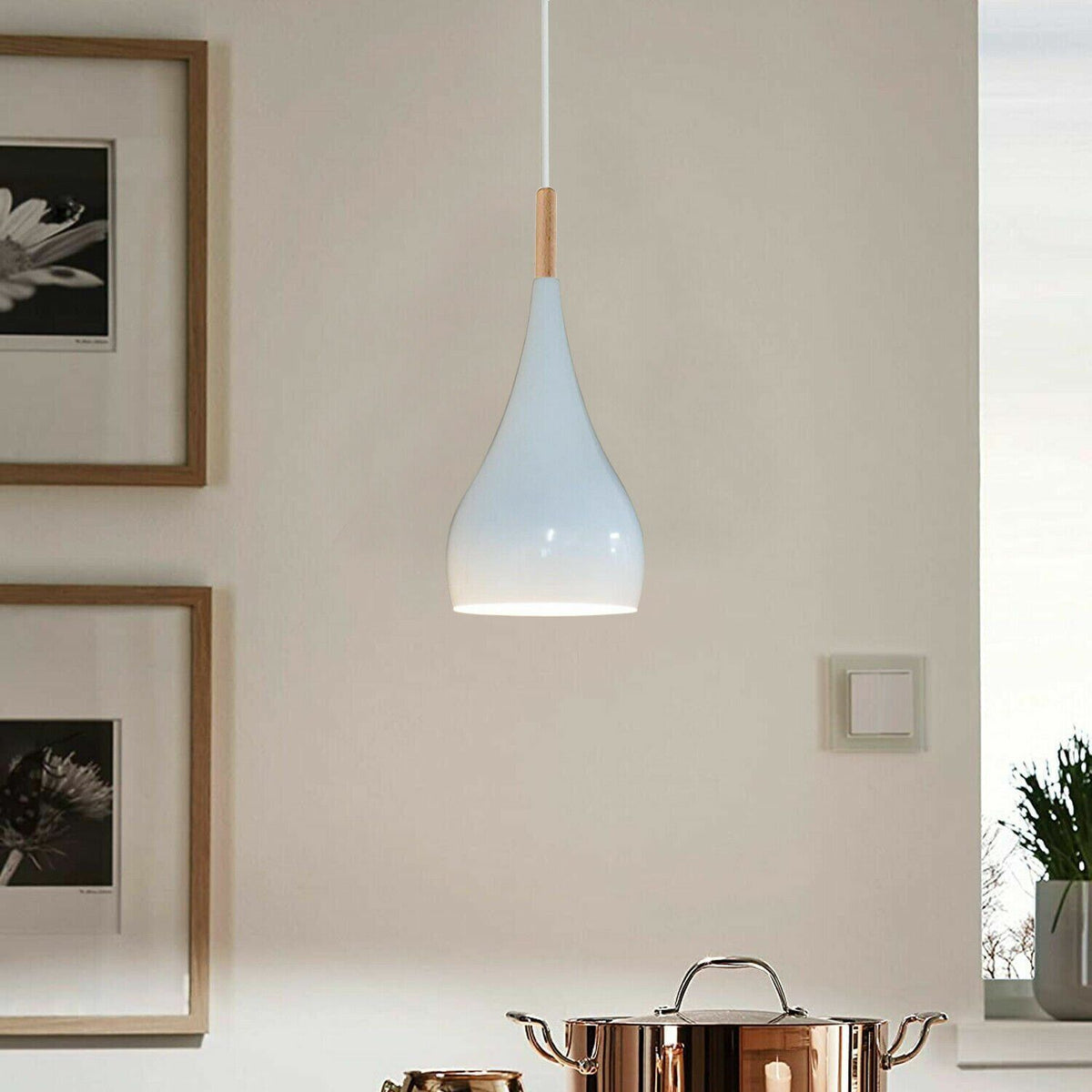 Teardrop Pendant Light – 16 cm Metal Shade, Wood Detail, 8 Colours - photo 5