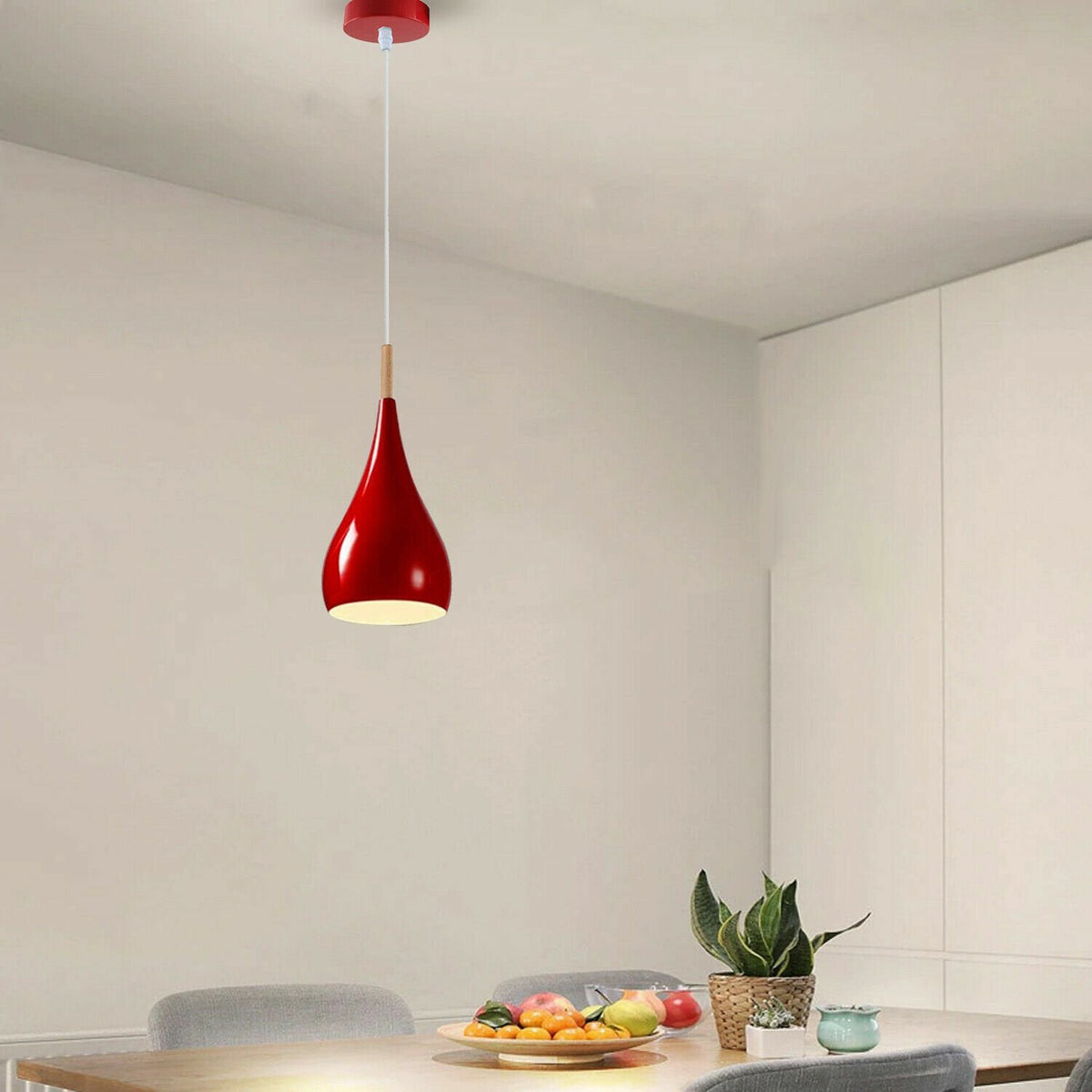 Teardrop Pendant Light – 16 cm Metal Shade, Wood Detail, 8 Colours - photo 7