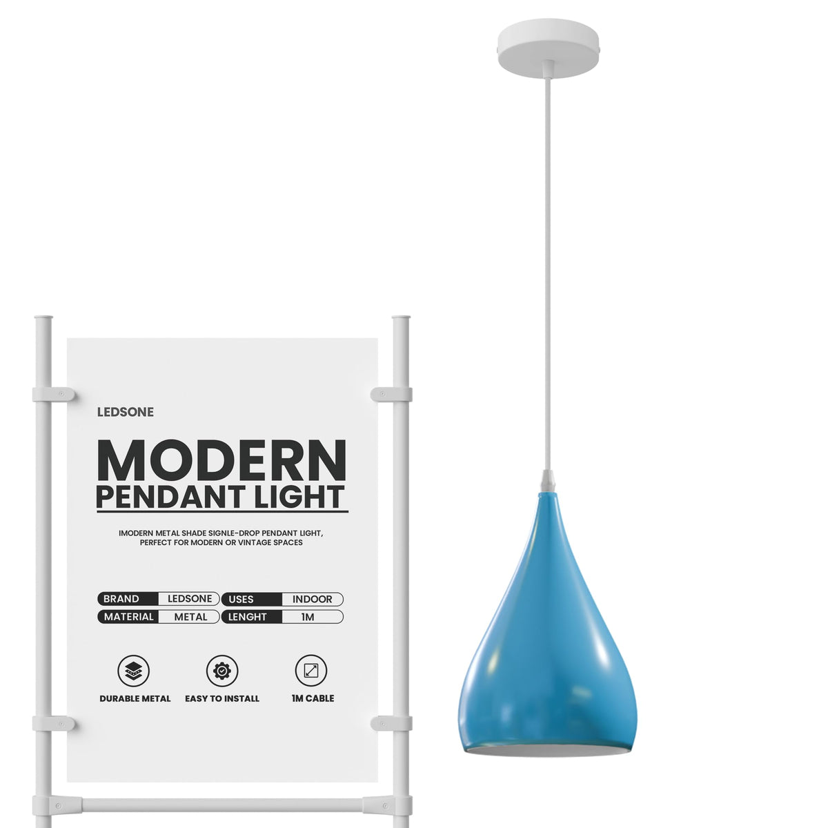Teardrop Pendant Light – 16 cm Metal Shade, Wood Detail, 8 Colours - White, Beat Long 16 cm Blue, Without Bulb