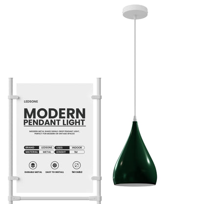 Teardrop Pendant Light – 16 cm Metal Shade, Wood Detail, 8 Colours - White, Beat Long 16 cm Green, Without Bulb