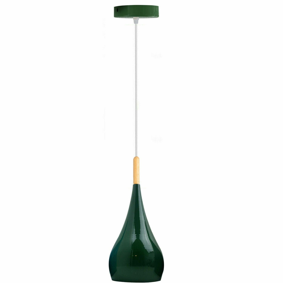 Teardrop Pendant Light – 16 cm Metal Shade, Wood Detail, 8 Colours - White, Beat Long 16 cm Green Cord Grip, Without Bulb
