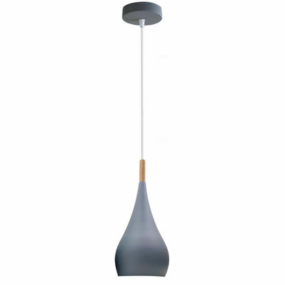 Teardrop Pendant Light – 16 cm Metal Shade, Wood Detail, 8 Colours - White, Beat Long 16 cm Grey Cord Grip, Without Bulb