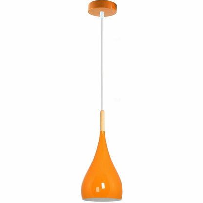 Teardrop Pendant Light – 16 cm Metal Shade, Wood Detail, 8 Colours - White, Beat Long 16 cm Orange Cord Grip, Without Bulb