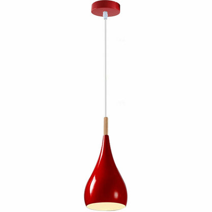 Teardrop Pendant Light – 16 cm Metal Shade, Wood Detail, 8 Colours - White, Beat Long 16 cm Red Cord Grip, Without Bulb