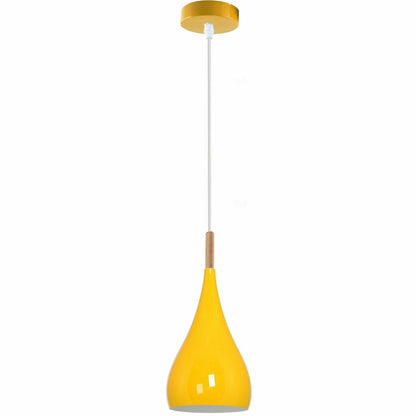 Teardrop Pendant Light – 16 cm Metal Shade, Wood Detail, 8 Colours - White, Beat Long 16 cm Yellow Cord Grip, Without Bulb