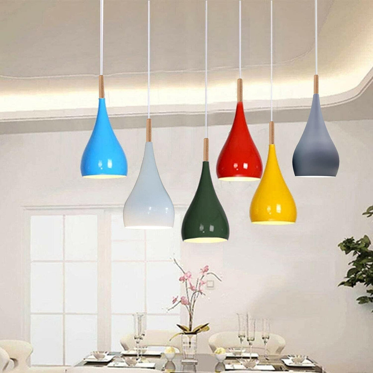 Teardrop Pendant Light – 16 cm Metal Shade, Wood Detail, 8 Colours