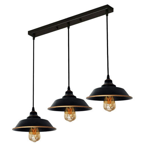 3 Light Bar Pendant – Black & Gold Vintage Domes, 50 cm Bar, E27