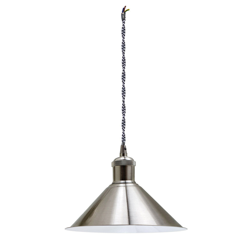 Black & White Twisted Cable Pendant – Satin Nickel or White, E27 - Satin Nickel, Flat Cone 22 cm Satin Nickel, Without Bulb