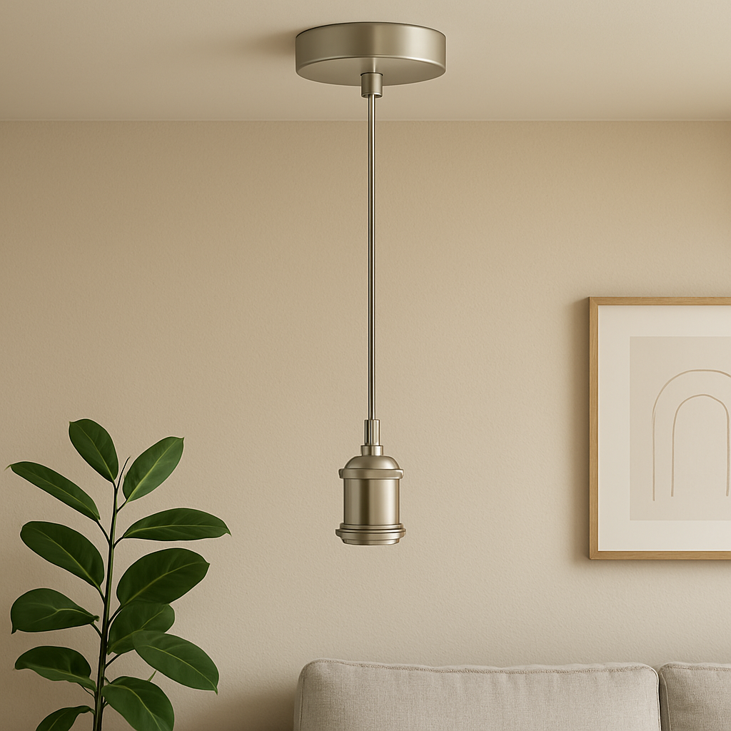 Cone Pendant Light – 22 cm Metal Shade, White Cable, 6 Colours - Satin Nickel, No Shade, Without Bulb