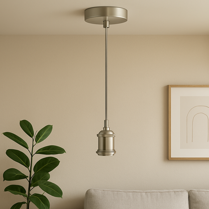 Cone Pendant Light – 22 cm Metal Shade, White Cable, 6 Colours - Satin Nickel, No Shade, Without Bulb