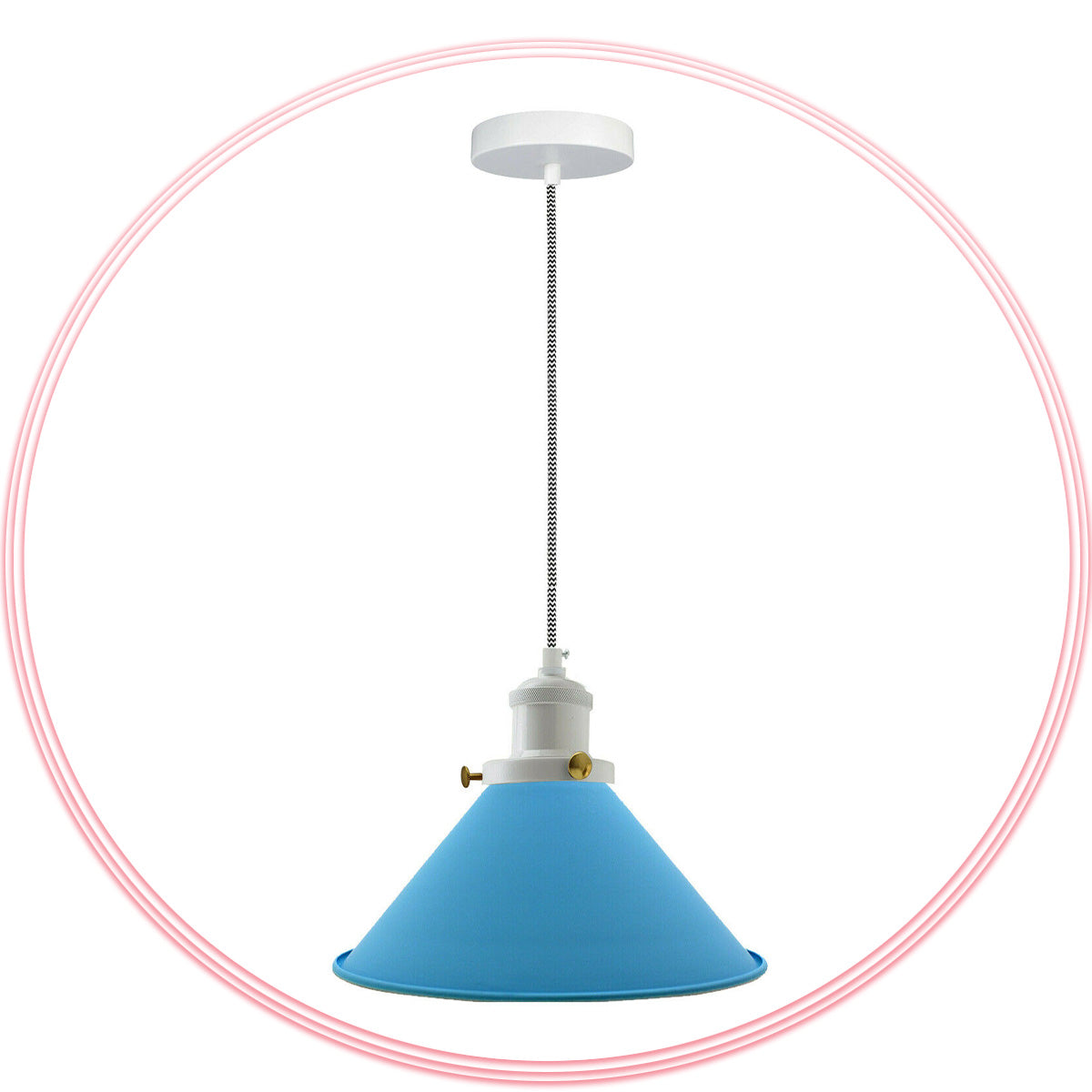 Cone Pendant Light – 22 cm Metal Shade, White Cable, 6 Colours - White, Flat Cone 22 cm Blue, Without Bulb