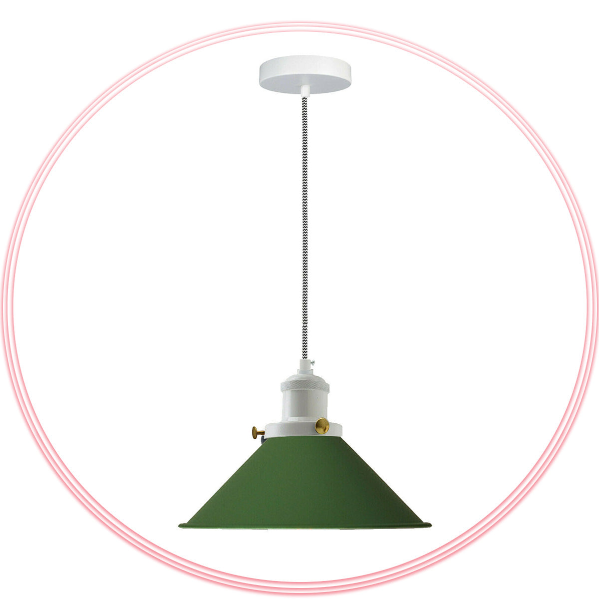 Cone Pendant Light – 22 cm Metal Shade, White Cable, 6 Colours - White, Flat Cone 22 cm Green, Without Bulb