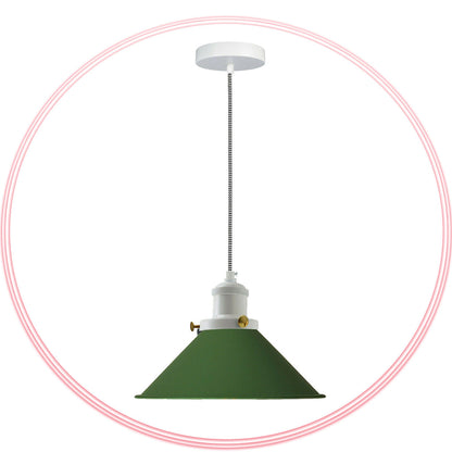 Cone Pendant Light – 22 cm Metal Shade, White Cable, 6 Colours - White, Flat Cone 22 cm Green, Without Bulb