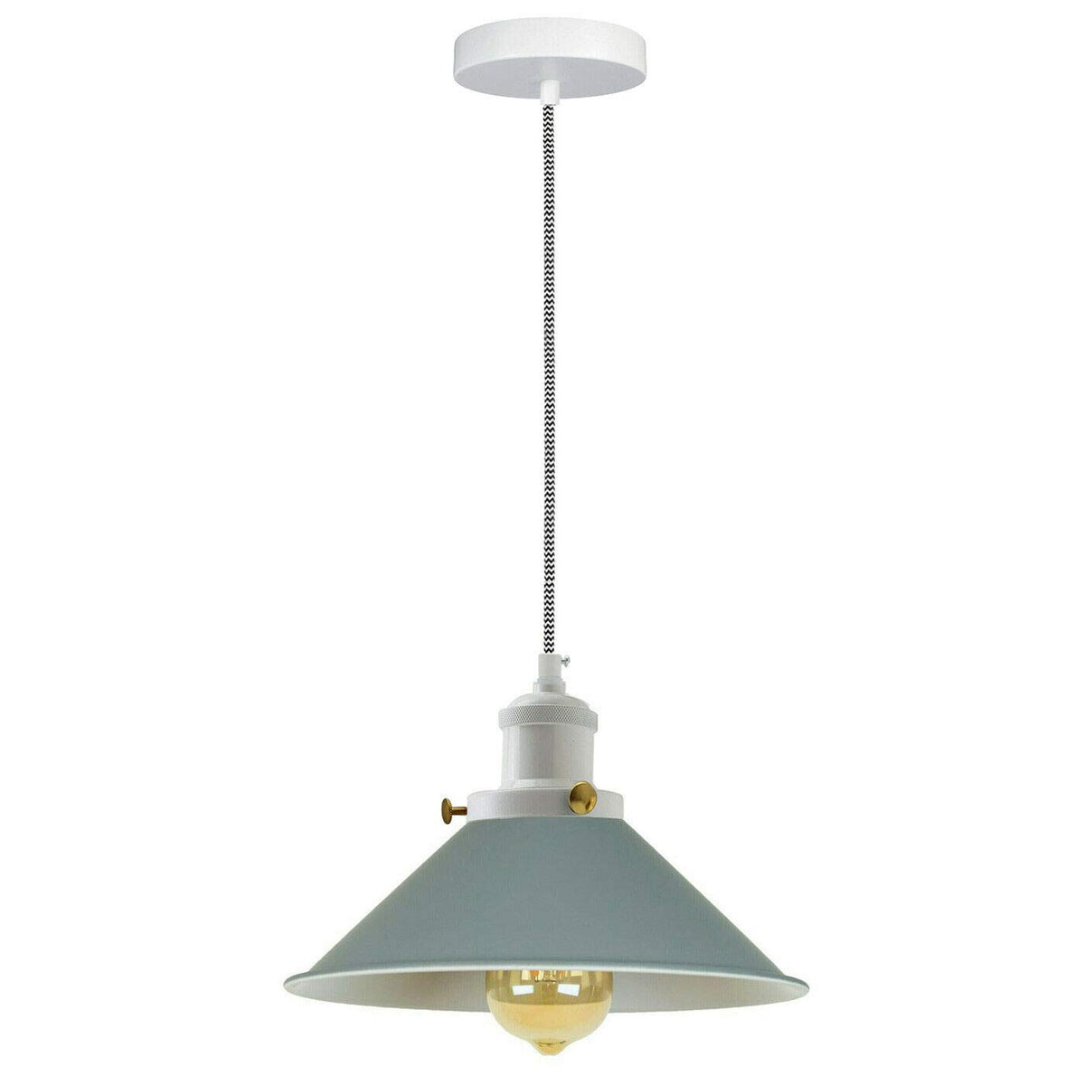 Cone Pendant Light – 22 cm Metal Shade, White Cable, 6 Colours - White, Flat Cone 22 cm Grey, Without Bulb