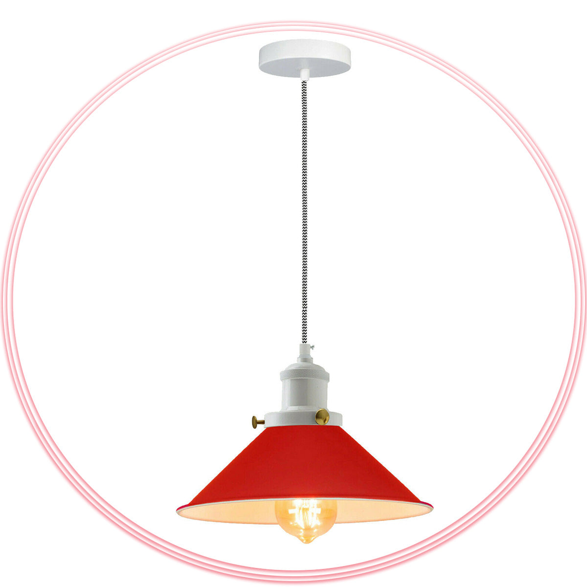 Cone Pendant Light – 22 cm Metal Shade, White Cable, 6 Colours - White, Flat Cone 22 cm Red, Without Bulb
