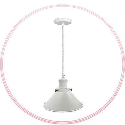 Cone Pendant Light – 22 cm Metal Shade, White Cable, 6 Colours - White, Flat Cone 22 cm White, Without Bulb