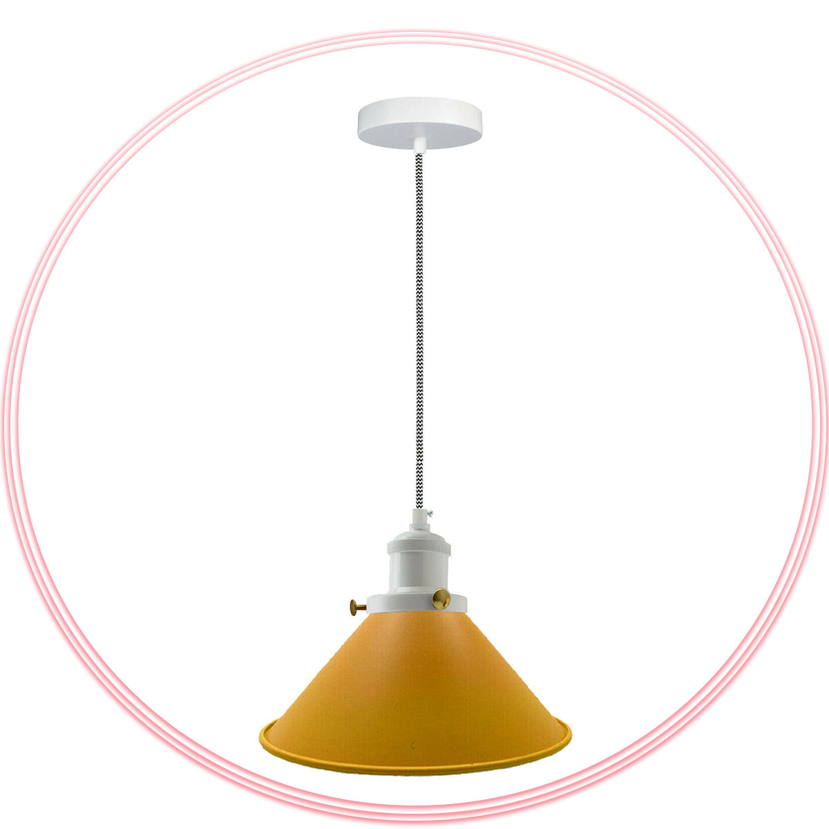 Cone Pendant Light – 22 cm Metal Shade, White Cable, 6 Colours - White, Flat Cone 22 cm Yellow, Without Bulb