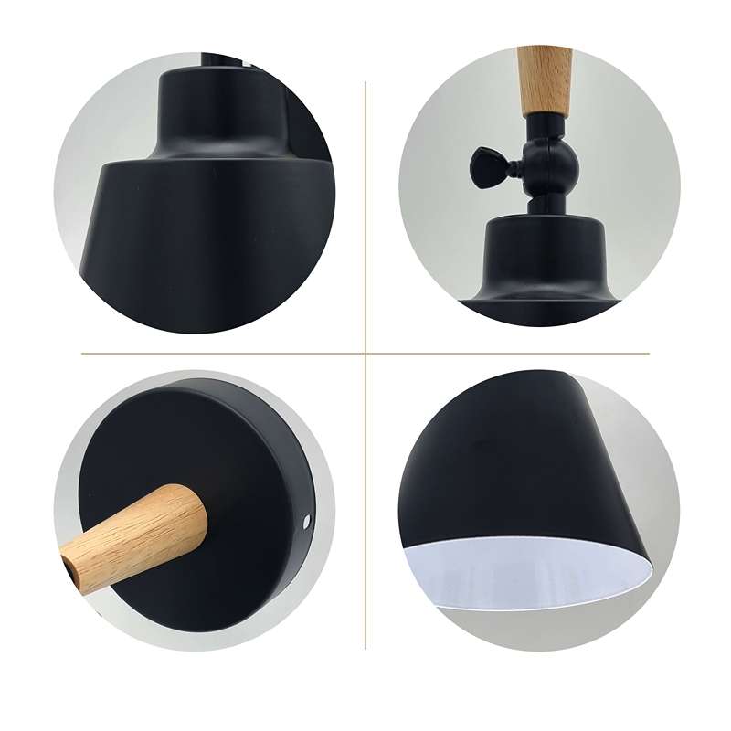 Wood & Metal Wall Light with Bell Shade – Black, Rotatable, E27 - photo 10