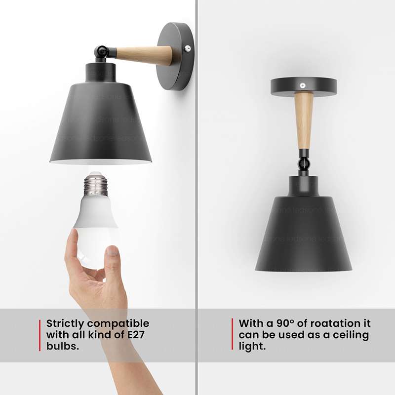 Wood & Metal Wall Light with Bell Shade – Black, Rotatable, E27 - photo 11