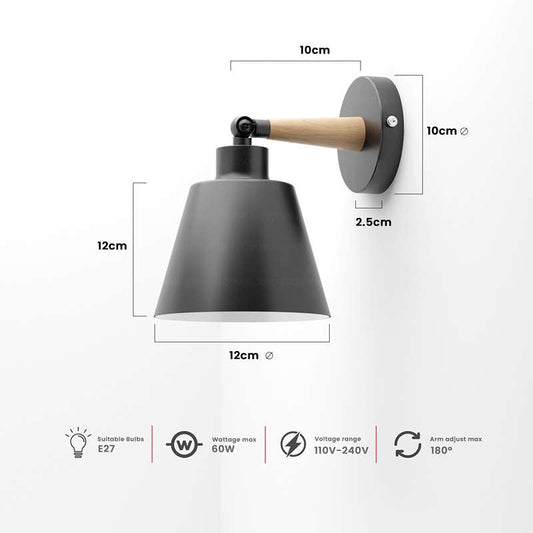 Wood & Metal Wall Light with Bell Shade – Black, Rotatable, E27 - photo 2
