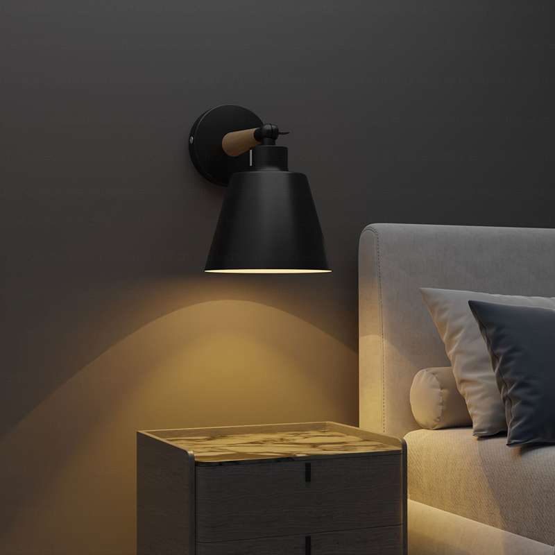 Wood & Metal Wall Light with Bell Shade – Black, Rotatable, E27 - photo 3