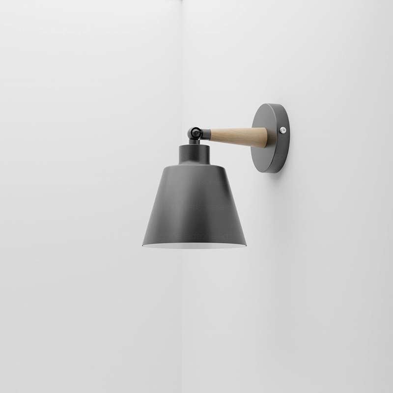 Wood & Metal Wall Light with Bell Shade – Black, Rotatable, E27 - photo 5