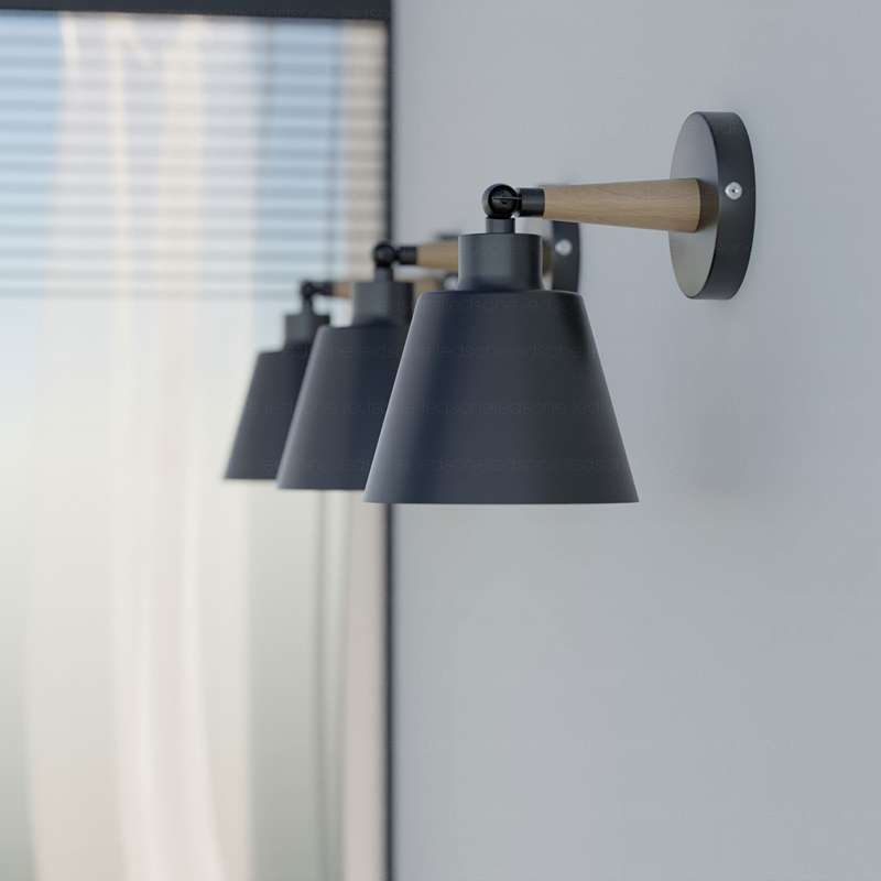 Wood & Metal Wall Light with Bell Shade – Black, Rotatable, E27 - photo 6