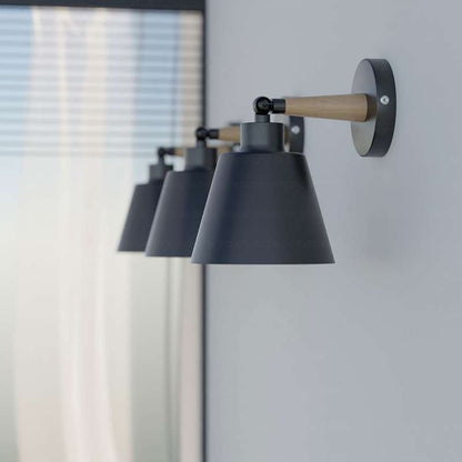 Wood & Metal Wall Light with Bell Shade – Black, Rotatable, E27 - photo 6