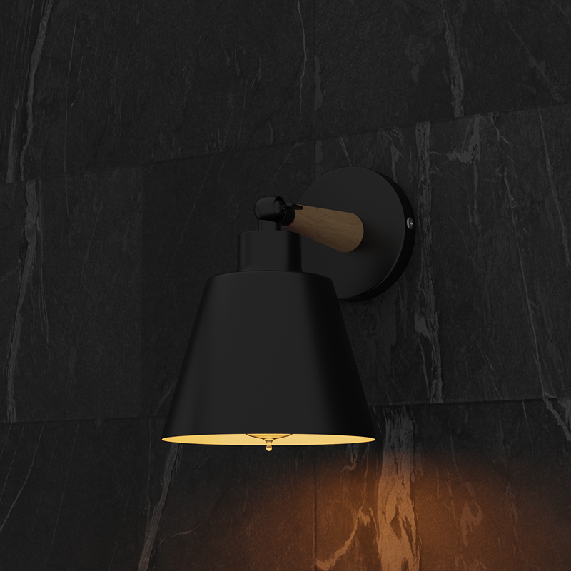 Wood & Metal Wall Light with Bell Shade – Black, Rotatable, E27 - photo 7