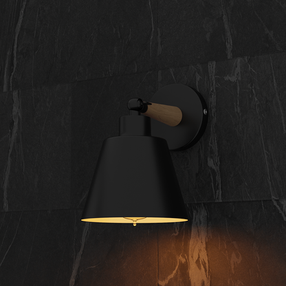 Wood & Metal Wall Light with Bell Shade – Black, Rotatable, E27 - photo 7