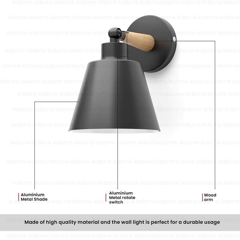 Wood & Metal Wall Light with Bell Shade – Black, Rotatable, E27 - photo 9
