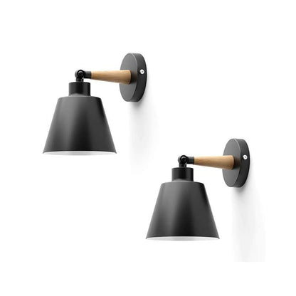 Wood & Metal Wall Light with Bell Shade – Black, Rotatable, E27 - Without Bulb, Black, Pack of 2