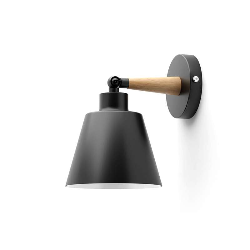 Wood & Metal Wall Light with Bell Shade – Black, Rotatable, E27 - Without Bulb, Black, Single
