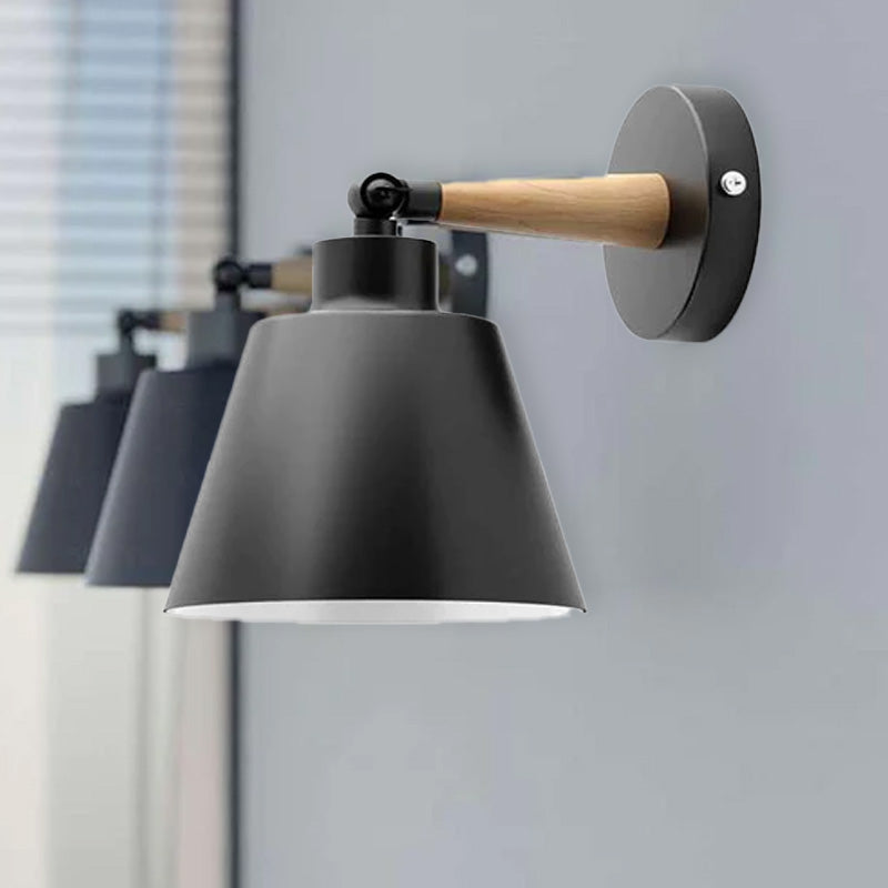 Wood & Metal Wall Light with Bell Shade – Black, Rotatable, E27