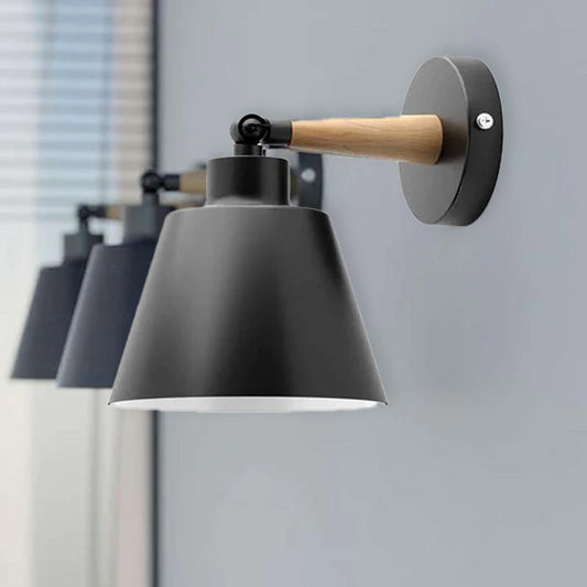 Wood & Metal Wall Light with Bell Shade – Black, Rotatable, E27