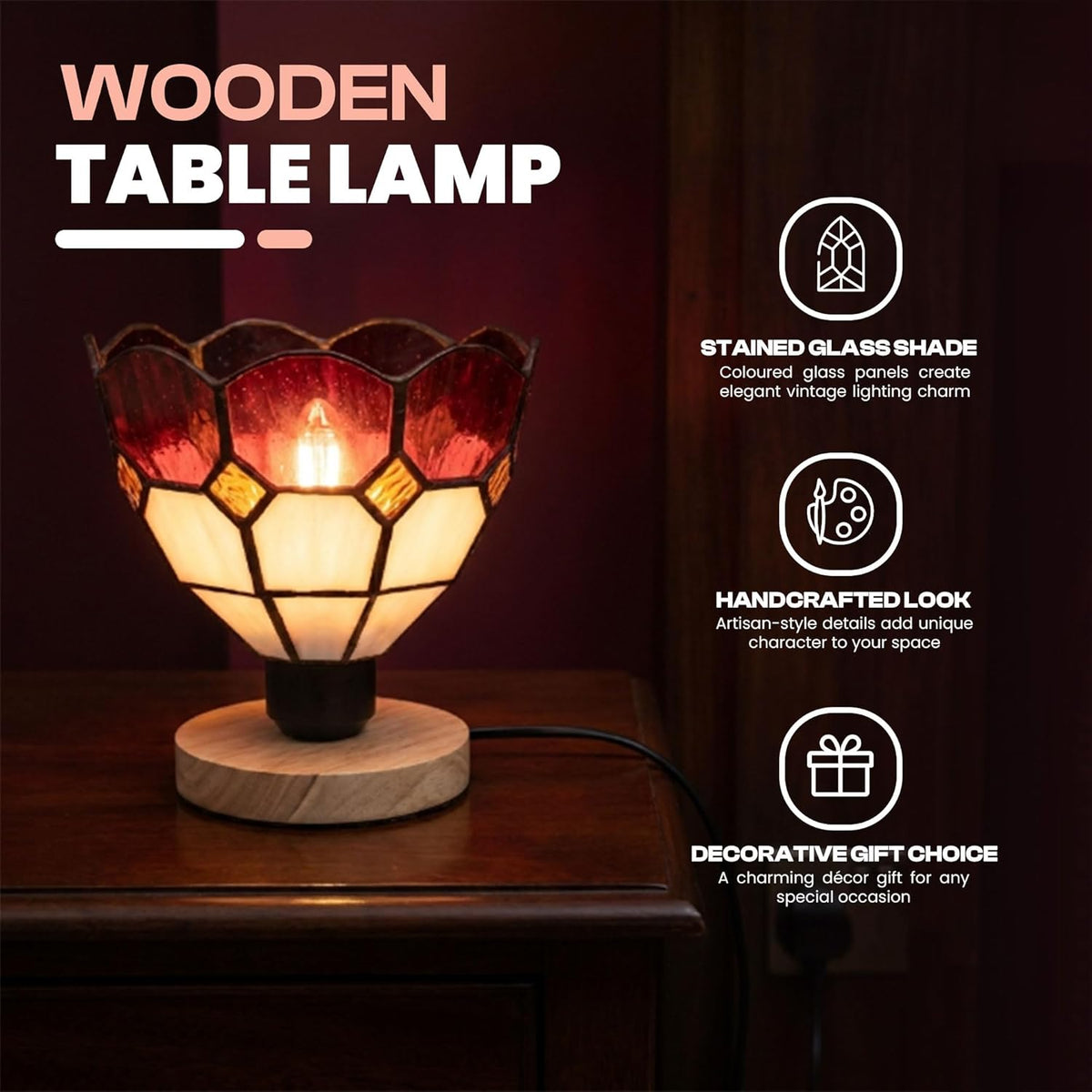 Tiffany Style Mosaic Glass Table Lamp with Wooden Base E27 - photo 3