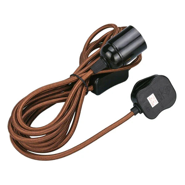 Plug-In Pendant Light Cord – 2 m Brown Fabric Cable, Switch, E27