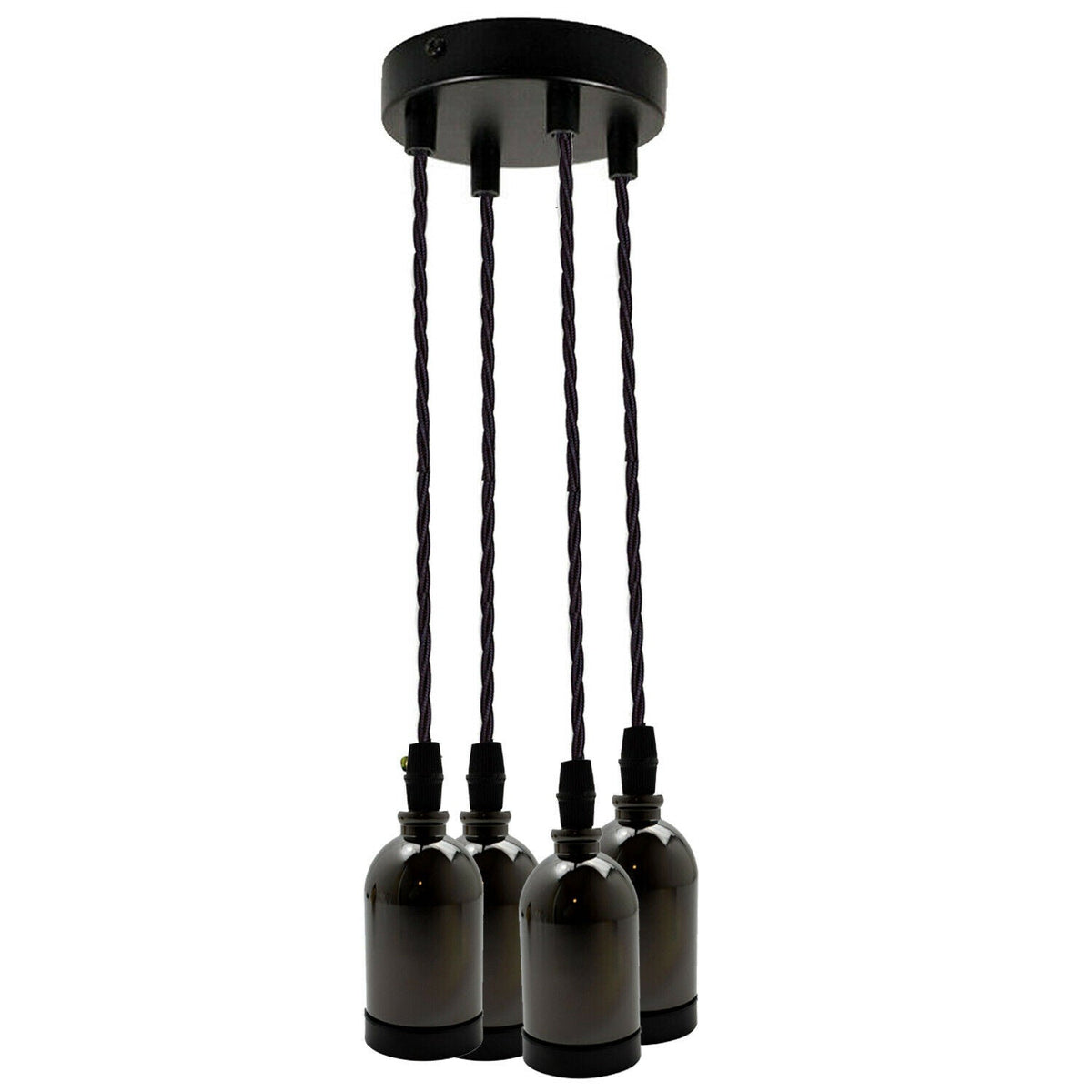 4-Light Cluster Pendant – Black Twisted Flex, E27 - Black, No Shade, Without Bulb