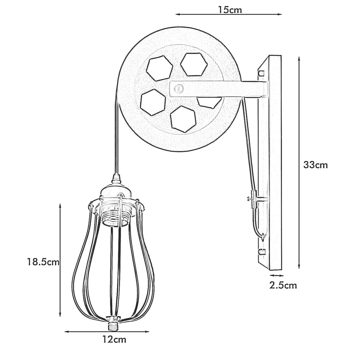 Pulley Wheel Wall Light with Cage – Black, Copper or Silver, E27 - photo 3